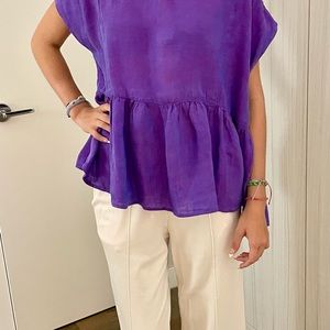 Purple Anthropology oversized 100% linen top. Bright purple ruffle top